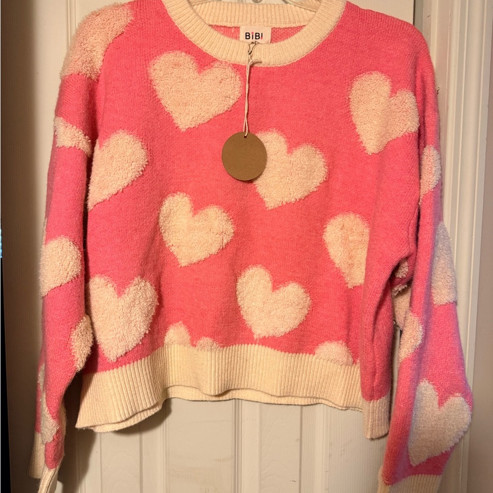 NWT Women’s BIBI Pink Puff Heart Sweater XL Valentine Medium Light Pink